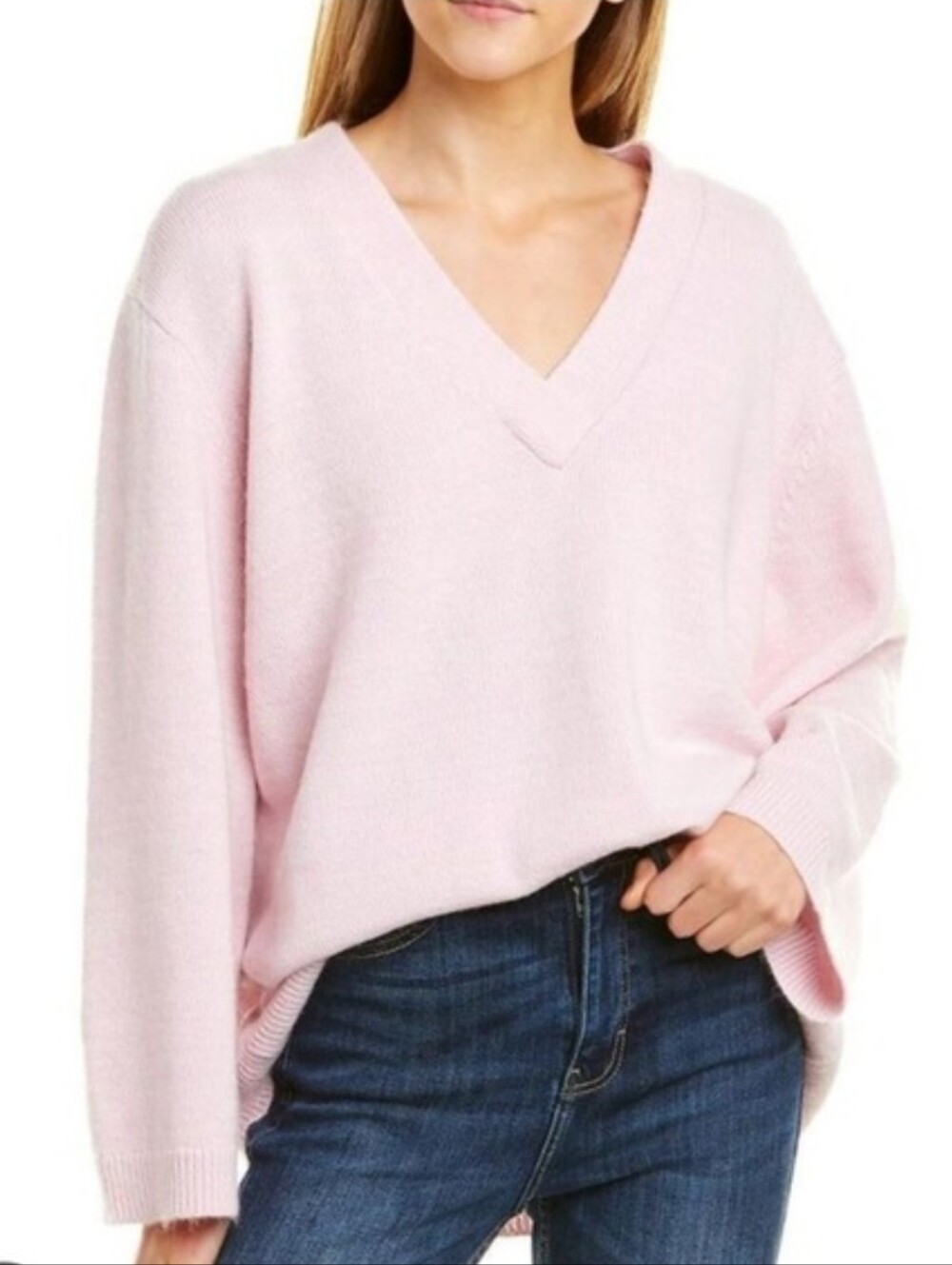Demylee Women’s V-Neck Oversized Sweater -Light Pink Wool Mohair Blend Sz M
